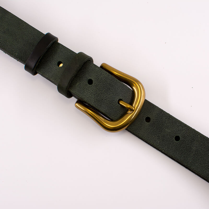 Golden round solid brass buckle - dark green leather belt - 3cm width