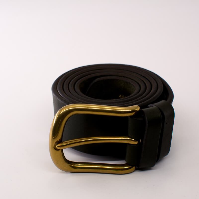 Golden round solid brass buckle - dark green leather belt - 4cm width