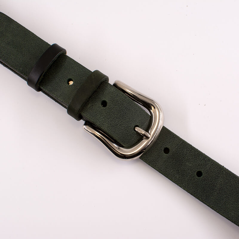 Silver round solid brass buckle - dark green leather belt - 3cm width