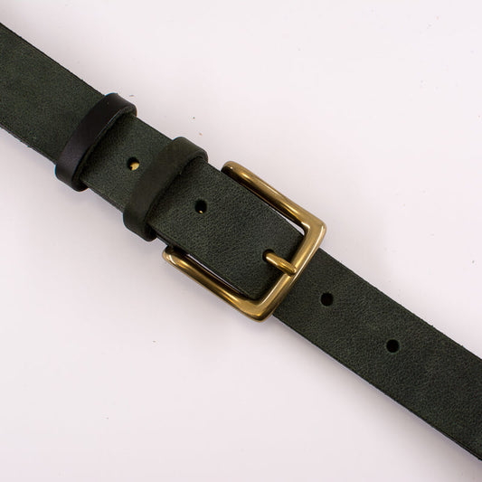 Golden square solid brass buckle - dark green leather belt - 3cm width