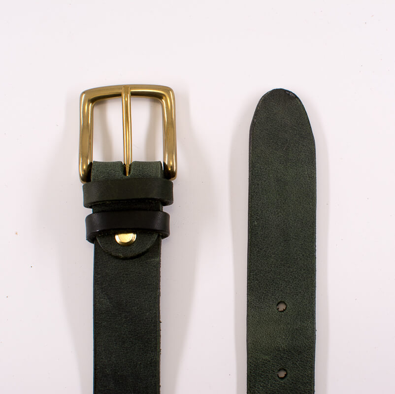 Golden square solid brass buckle - dark green leather belt - 3cm width