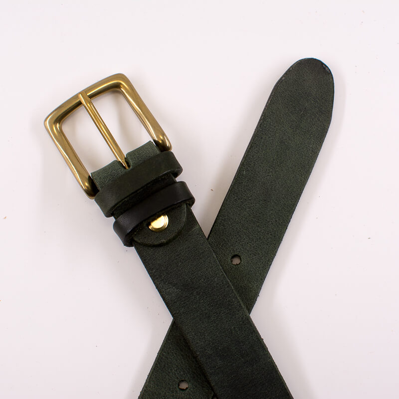 Golden square solid brass buckle - dark green leather belt - 3cm width