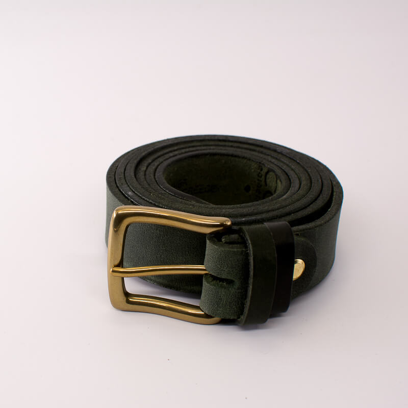 Golden square solid brass buckle - dark green leather belt - 3cm width