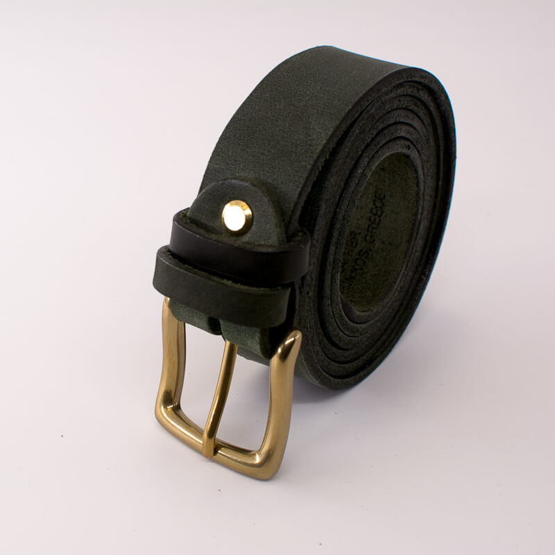 Golden square solid brass buckle - dark green leather belt - 3cm width