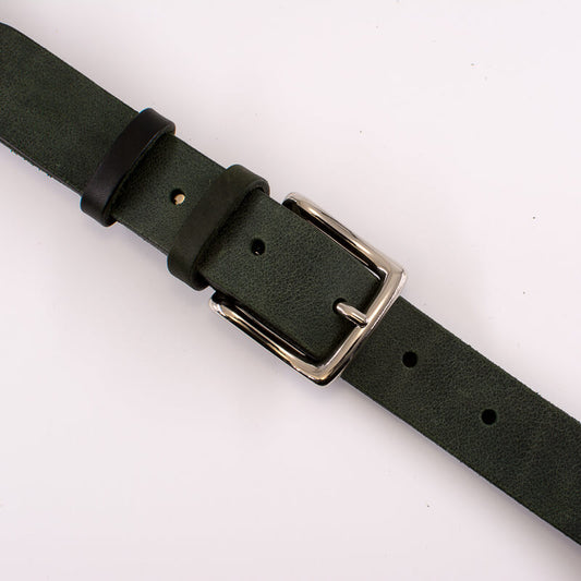 Silver square solid brass buckle - dark green leather belt - 3cm width