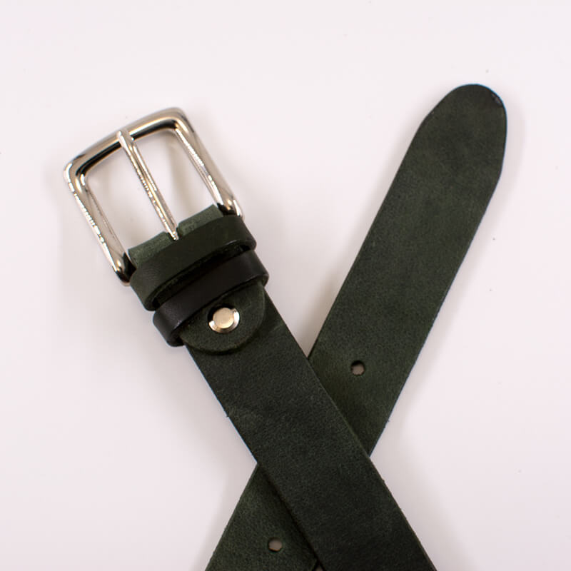 Silver square solid brass buckle - dark green leather belt - 3cm width