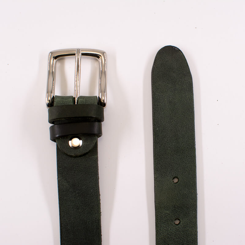 Silver square solid brass buckle - dark green leather belt - 3cm width