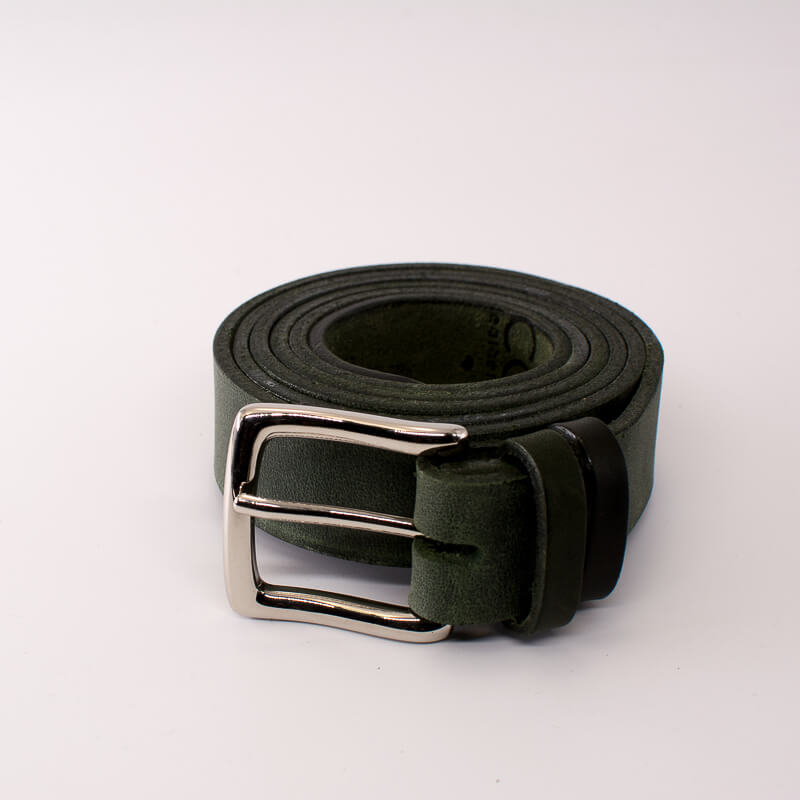 Silver square solid brass buckle - dark green leather belt - 3cm width