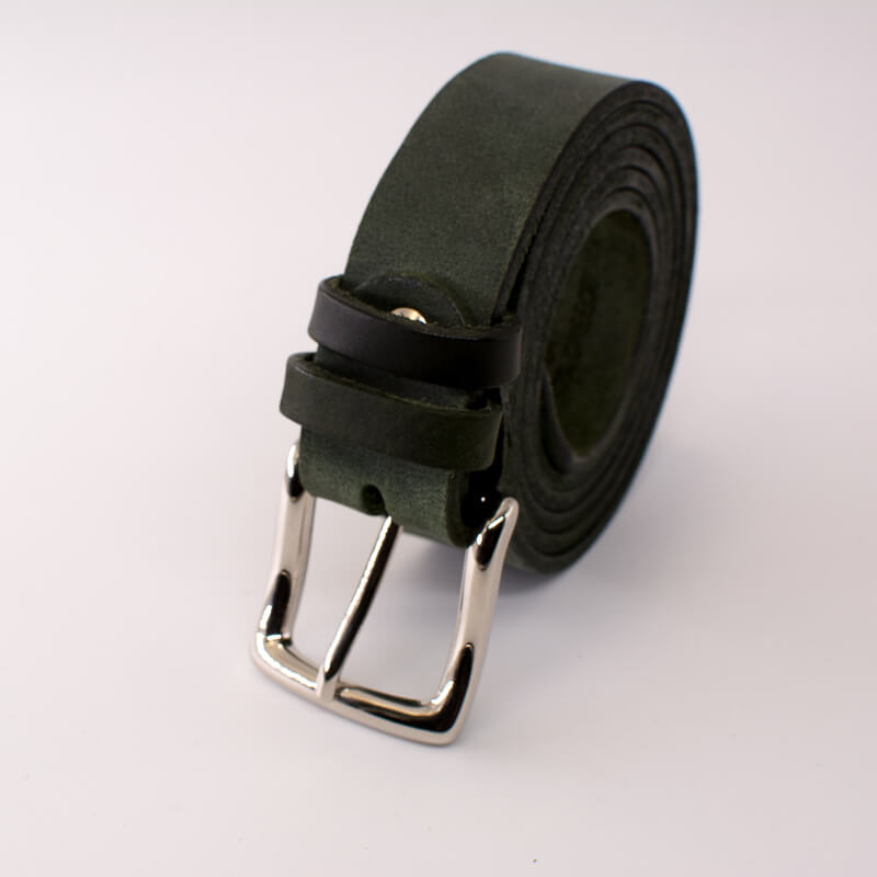 Silver square solid brass buckle - dark green leather belt - 3cm width