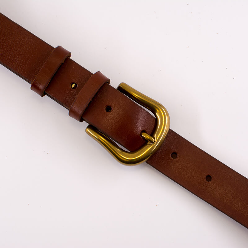 Golden round solid brass buckle - light brown leather belt - 3cm width