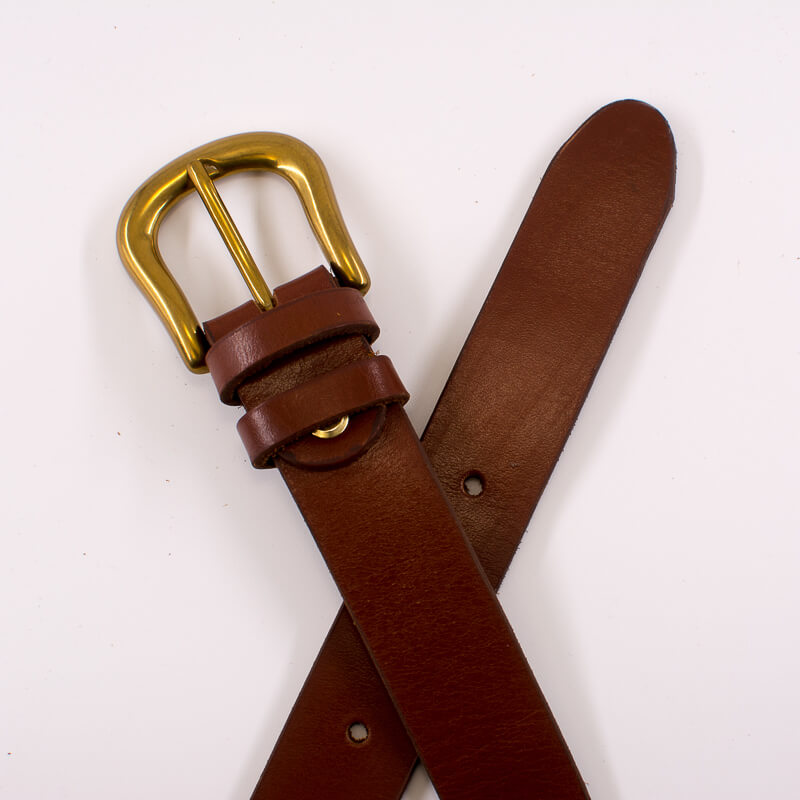 Golden round solid brass buckle - light brown leather belt - 3cm width