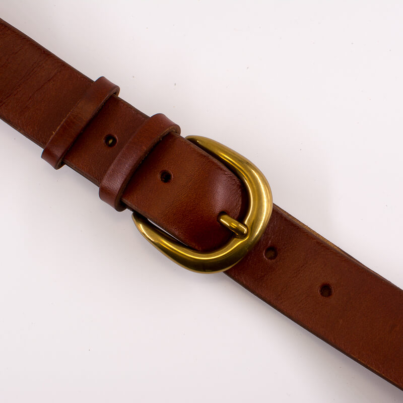 Golden round solid brass buckle - light brown leather belt - 3.5cm width