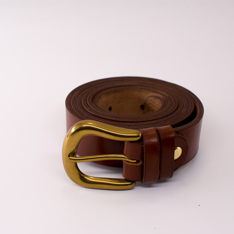 Golden round solid brass buckle - light brown leather belt - 3cm width