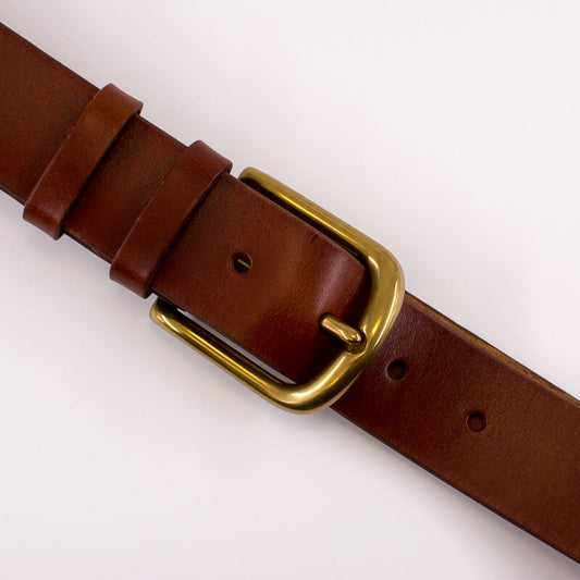 Golden round solid brass buckle - light brown leather belt - 4cm width