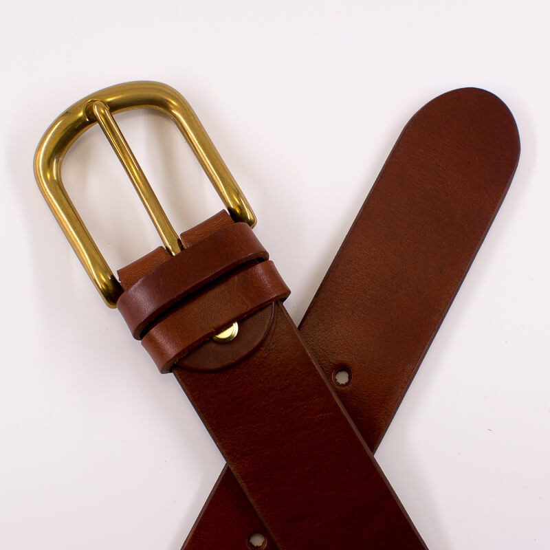 Golden round solid brass buckle - light brown leather belt - 4cm width