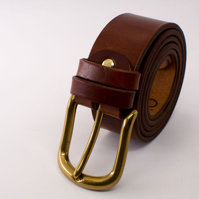 Golden round solid brass buckle - light brown leather belt - 4cm width