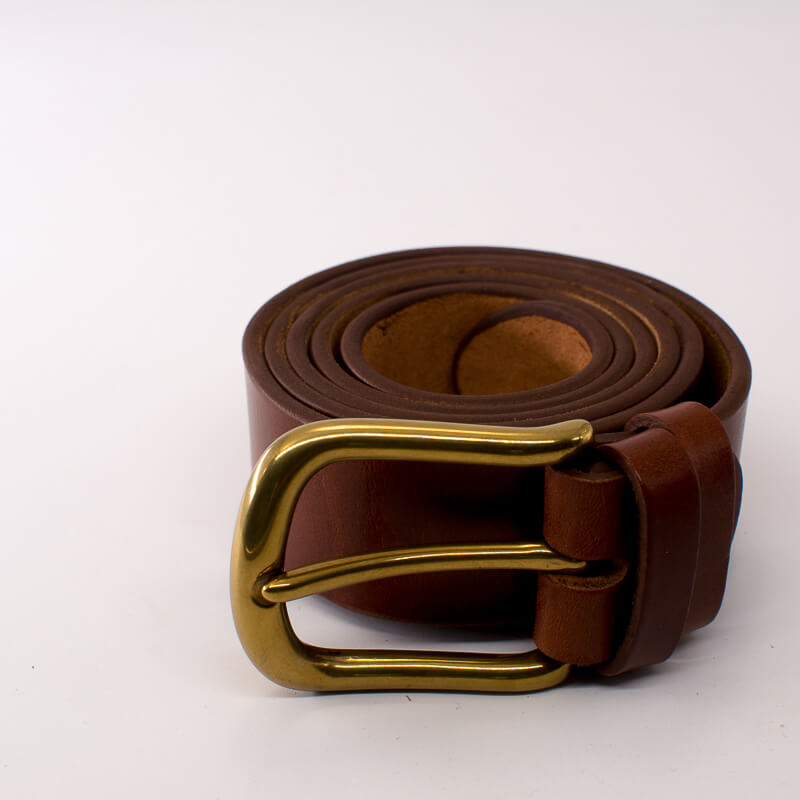 Golden round solid brass buckle - light brown leather belt - 4cm width