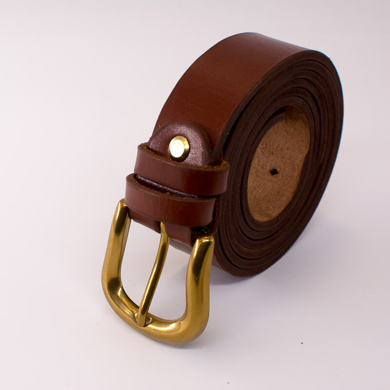 Golden round solid brass buckle - light brown leather belt - 3cm width