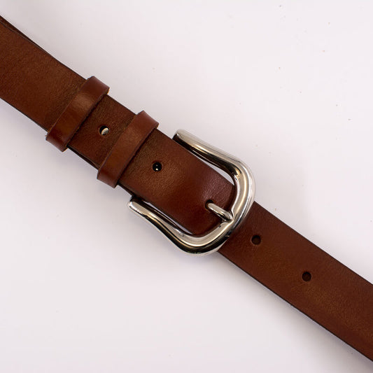 Silver round solid brass buckle - light brown leather belt - 3cm width