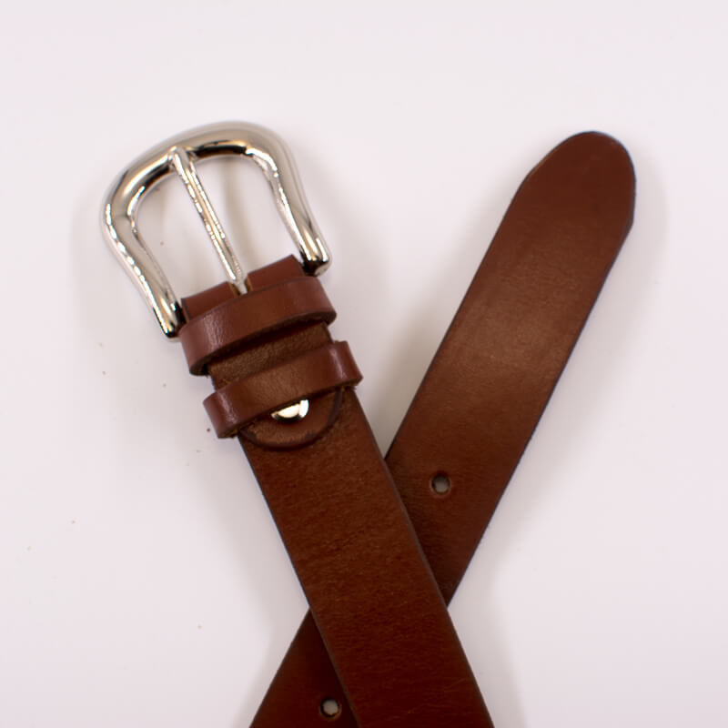 Silver round solid brass buckle - light brown leather belt - 3cm width