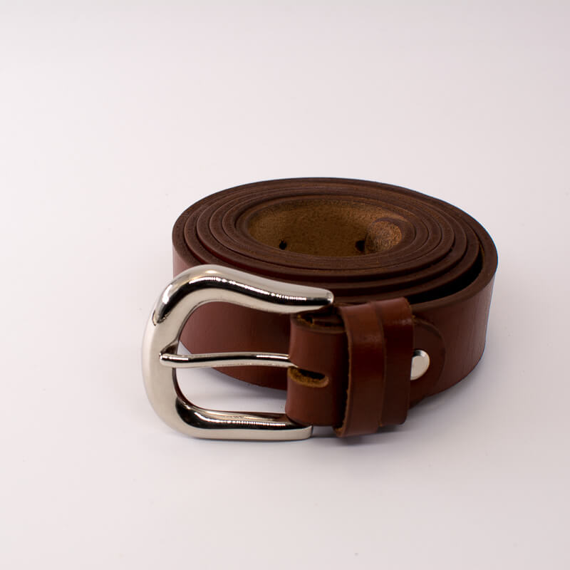 Silver round solid brass buckle - light brown leather belt - 3cm width