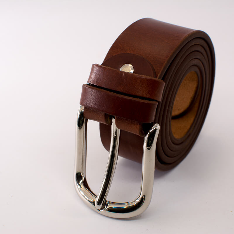 Silver round solid brass buckle - light brown leather belt - 4cm width