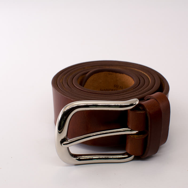 Silver round solid brass buckle - light brown leather belt - 4cm width