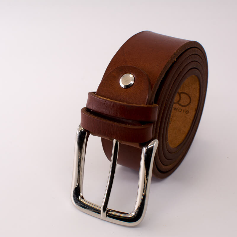 Silver square solid brass buckle - light brown leather belt - 3.5cm width