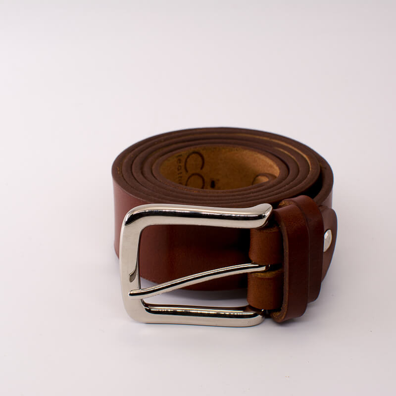 Silver square solid brass buckle - light brown leather belt - 3.5cm width