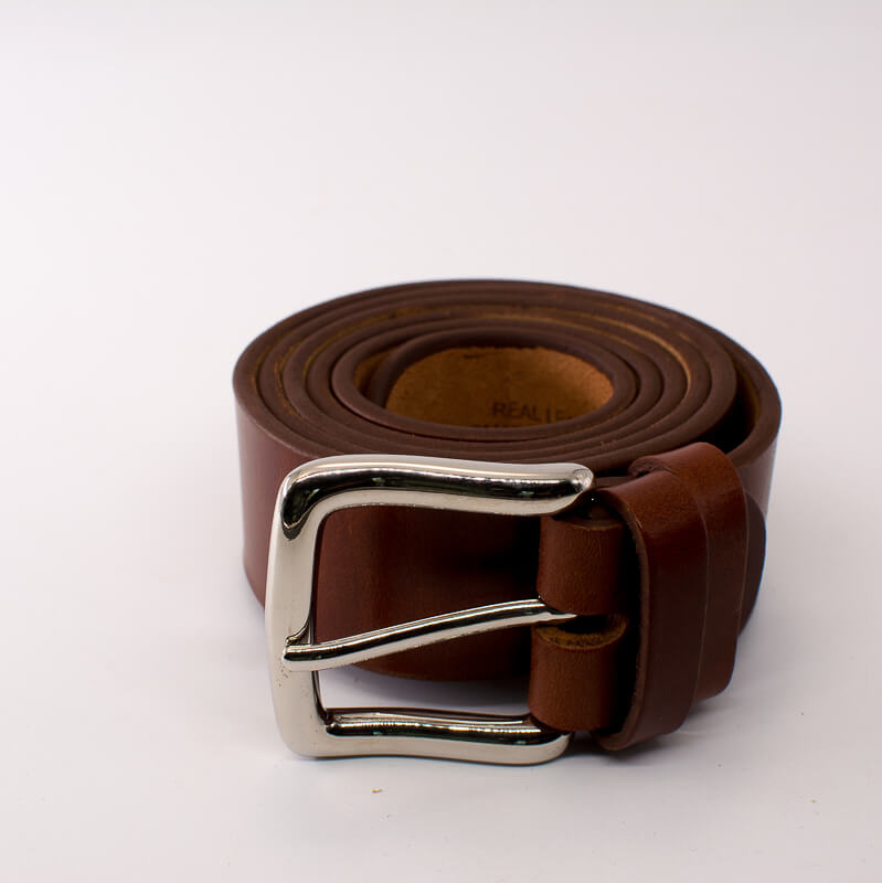 Silver square solid brass buckle (short) - light brown leather belt - 4cm width