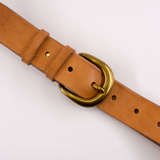 Golden round solid brass buckle - natural leather belt - 3.5cm width