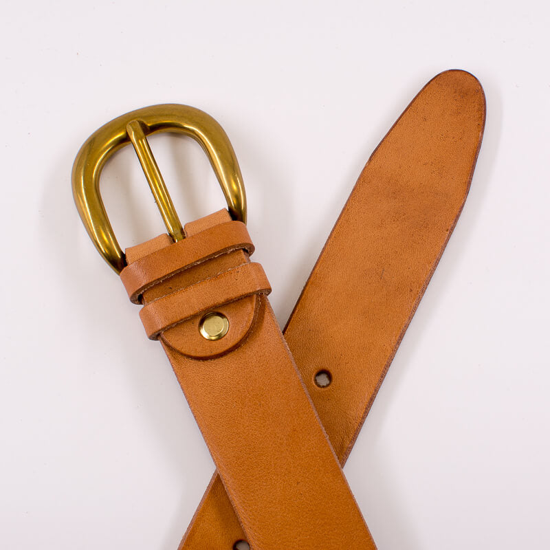 Golden round solid brass buckle - natural leather belt - 3.5cm width