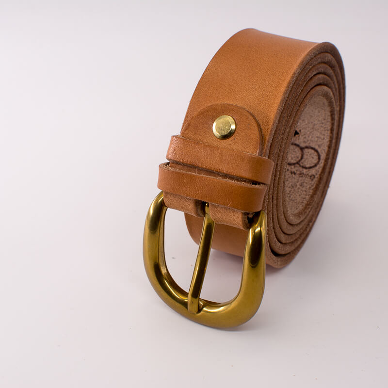 Golden round solid brass buckle - natural leather belt - 3.5cm width