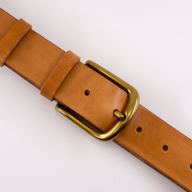 Golden round solid brass buckle - natural leather belt - 4cm width