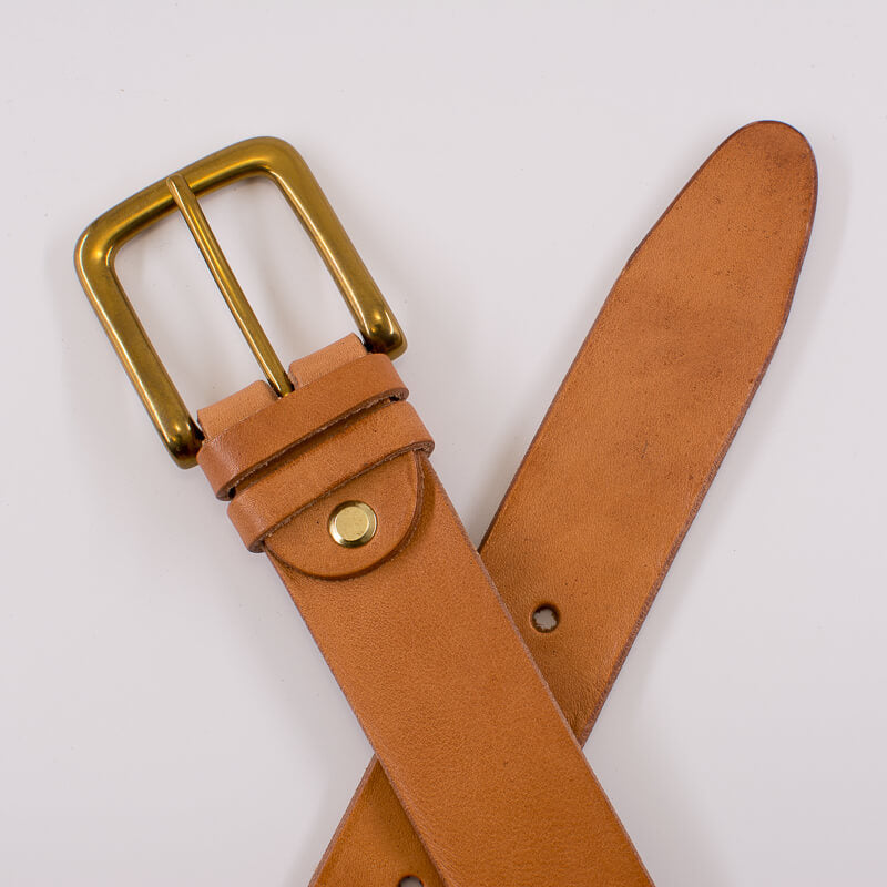 Golden square solid brass buckle - natural leather belt - 3.5cm width