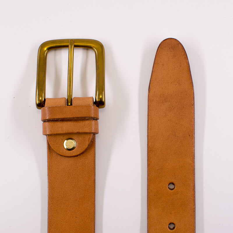 Golden square solid brass buckle - natural leather belt - 3.5cm width