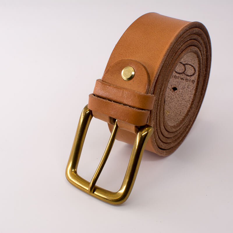 Golden square solid brass buckle - natural leather belt - 3.5cm width