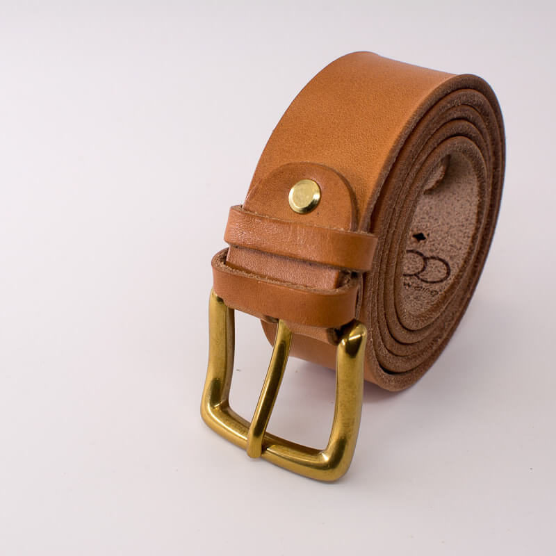 Golden square solid brass buckle (short) - natural leather belt - 3.5cm width