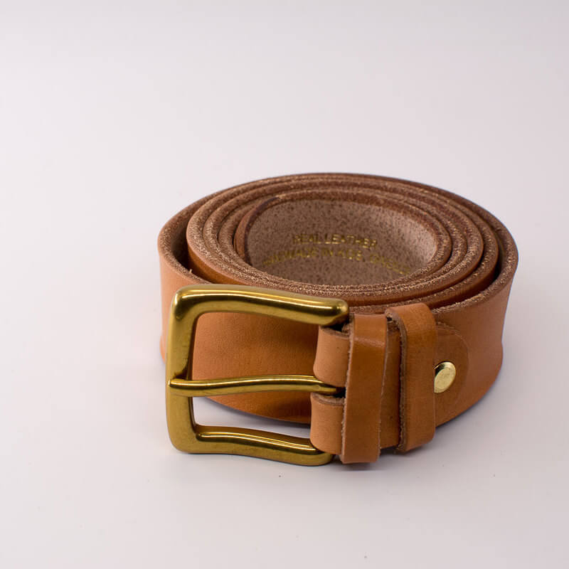 Golden square solid brass buckle (short) - natural leather belt - 3.5cm width