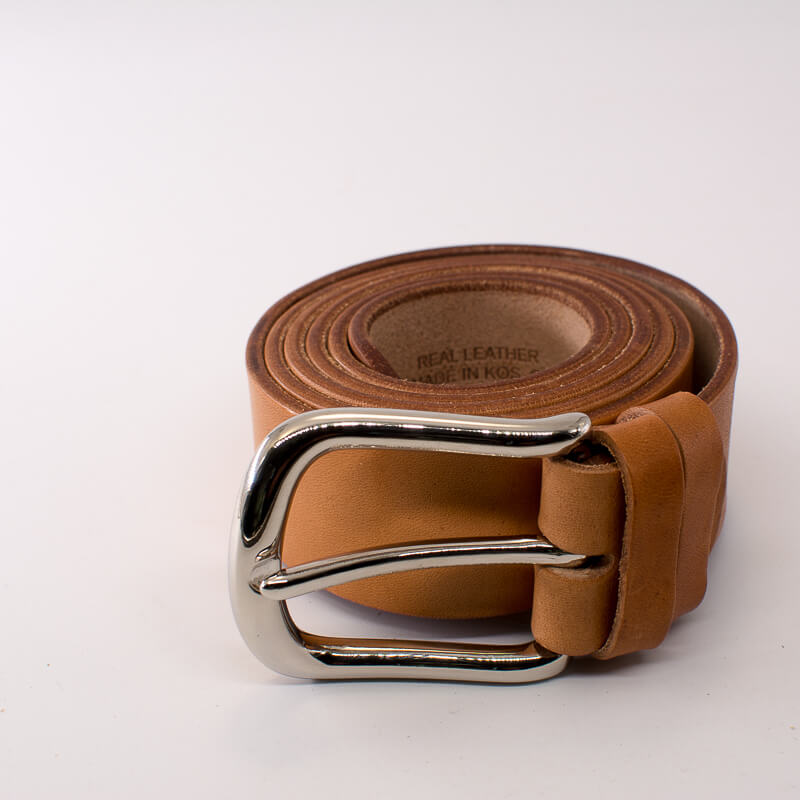 Silver round solid brass buckle - natural leather belt - 4cm width