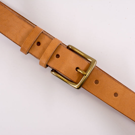 Golden square solid brass buckle - vachetta leather belt - 3cm width
